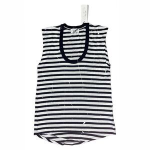 NWT Feel The Piece Terre Jacobs Navy Striped T-shirt Top Paint Accents SZ XS/S